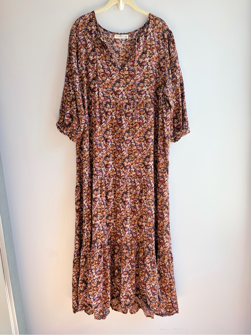 Natural Lift Peasant Maxi Dress Tiered Autumn Fall Rust Gold Floral EUC L XL